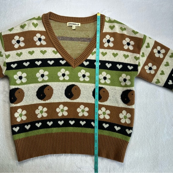 Women’s Brown and Green Patterned V-Neck Knit Yin-Yang Sweater Size Medium - Picture 3 of 5